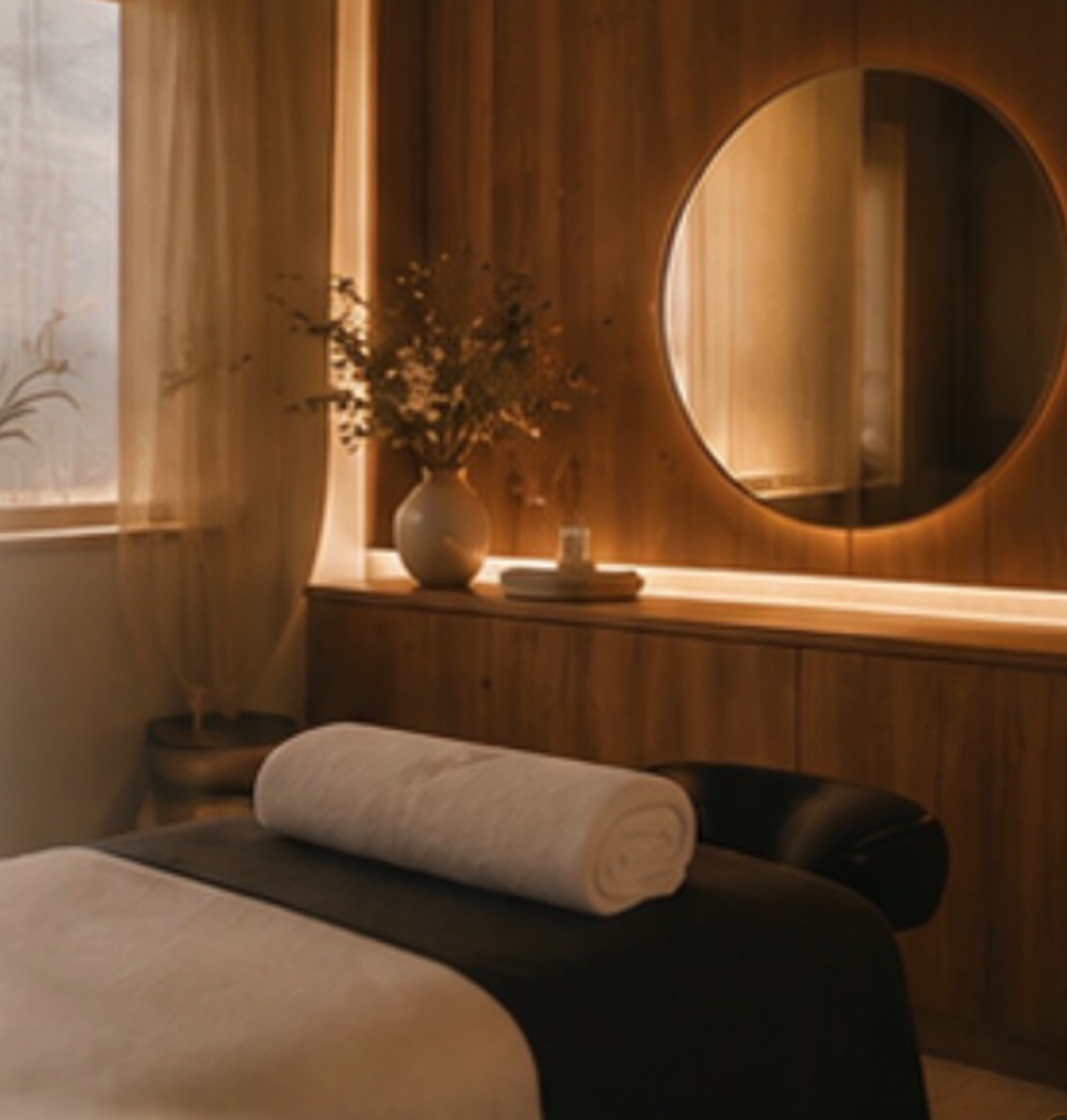 A calm Japanese head spa treatment room in warm walnut wood, lit by soft afternoon light